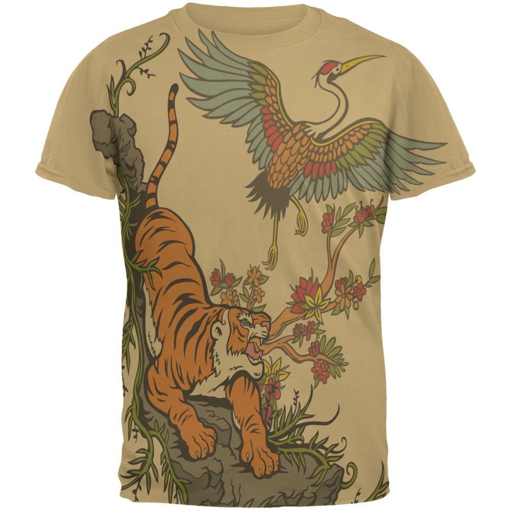 The Tiger and Crane All Over Dark Heather Soft Adult T-Shirt Men's T-Shirts Old Glory MD Tan 